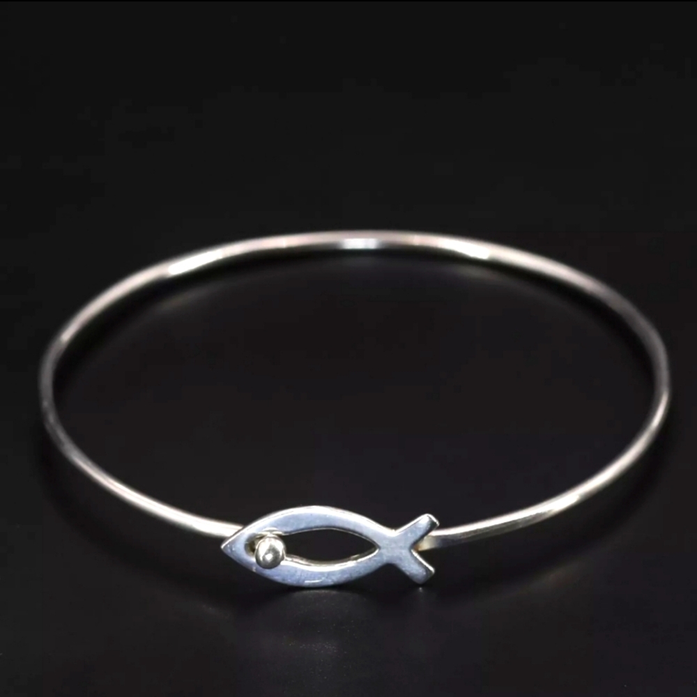 VTG Sterling Silver Ichthys Fish 7"  Bangle Bracelet - 5.5g CARRIBEAN STYLE